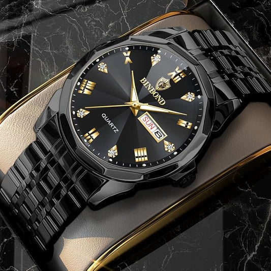 Binbond Black Prism Dial Watch – Gold Accents, Stainless Steel