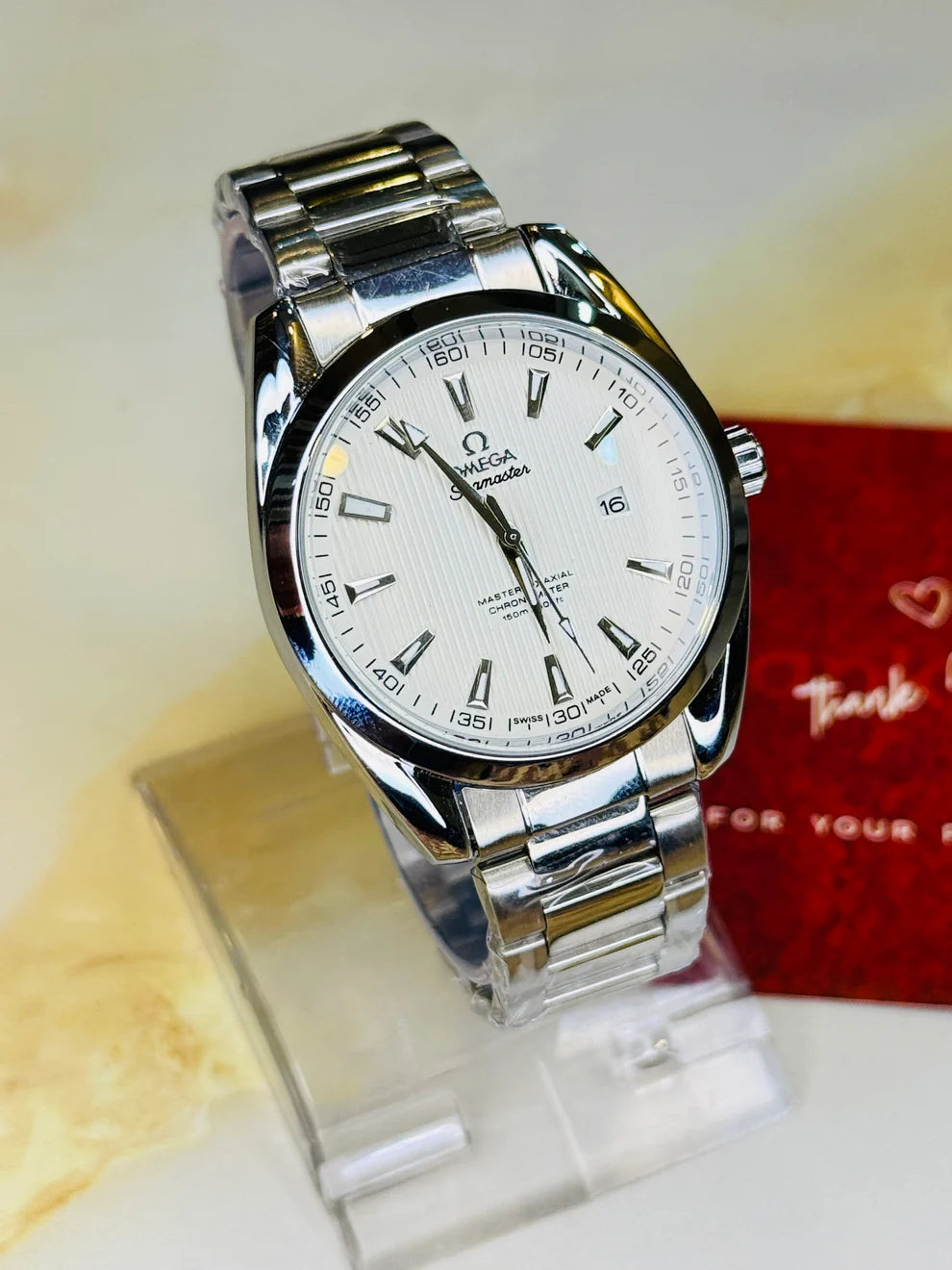 Silver Sapphire Chain Strapped Omega Sea Master Watch