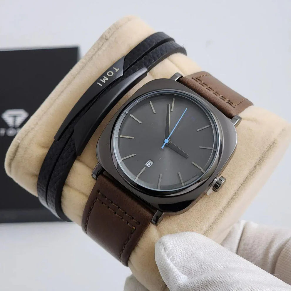 TOMI T-084 Men's Watch Quartz Date Leather Strap