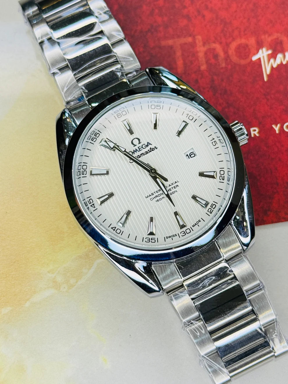 Silver Sapphire Chain Strapped Omega Sea Master Watch