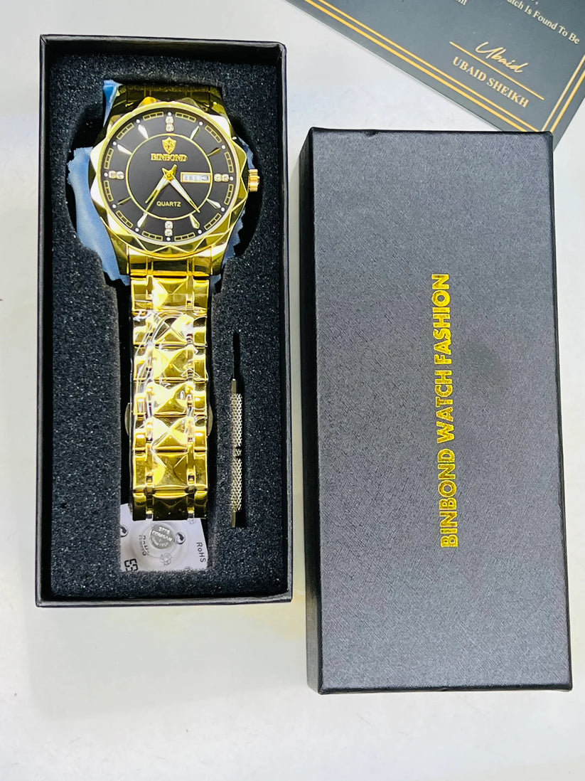 Binbond Gold Prism Dial Watch – Black & Gold Stainless Steel Strap