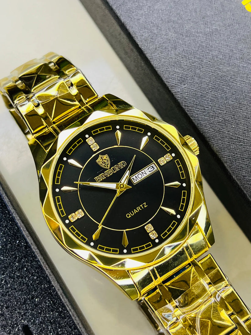 Binbond Gold Prism Dial Watch – Black & Gold Stainless Steel Strap