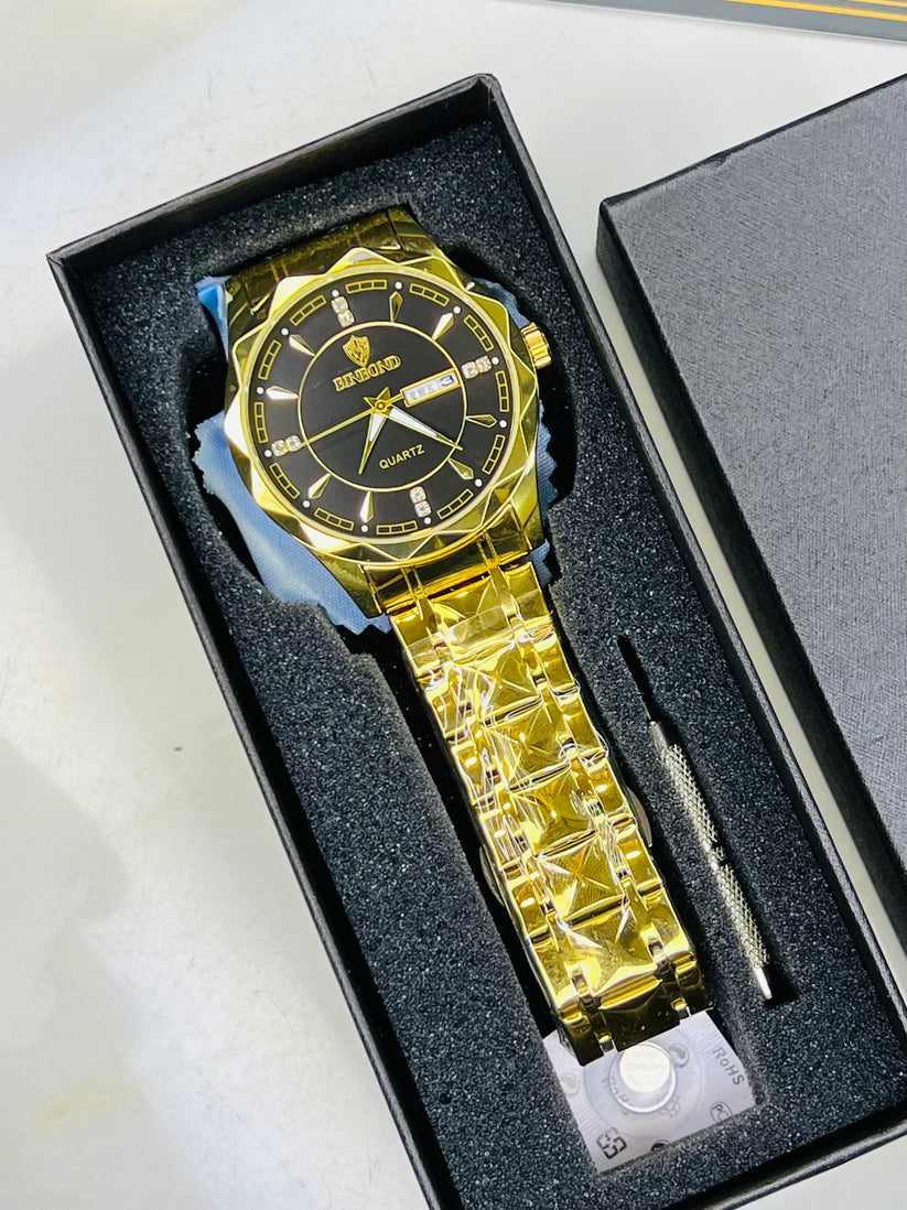 Binbond Gold Prism Dial Watch – Black & Gold Stainless Steel Strap