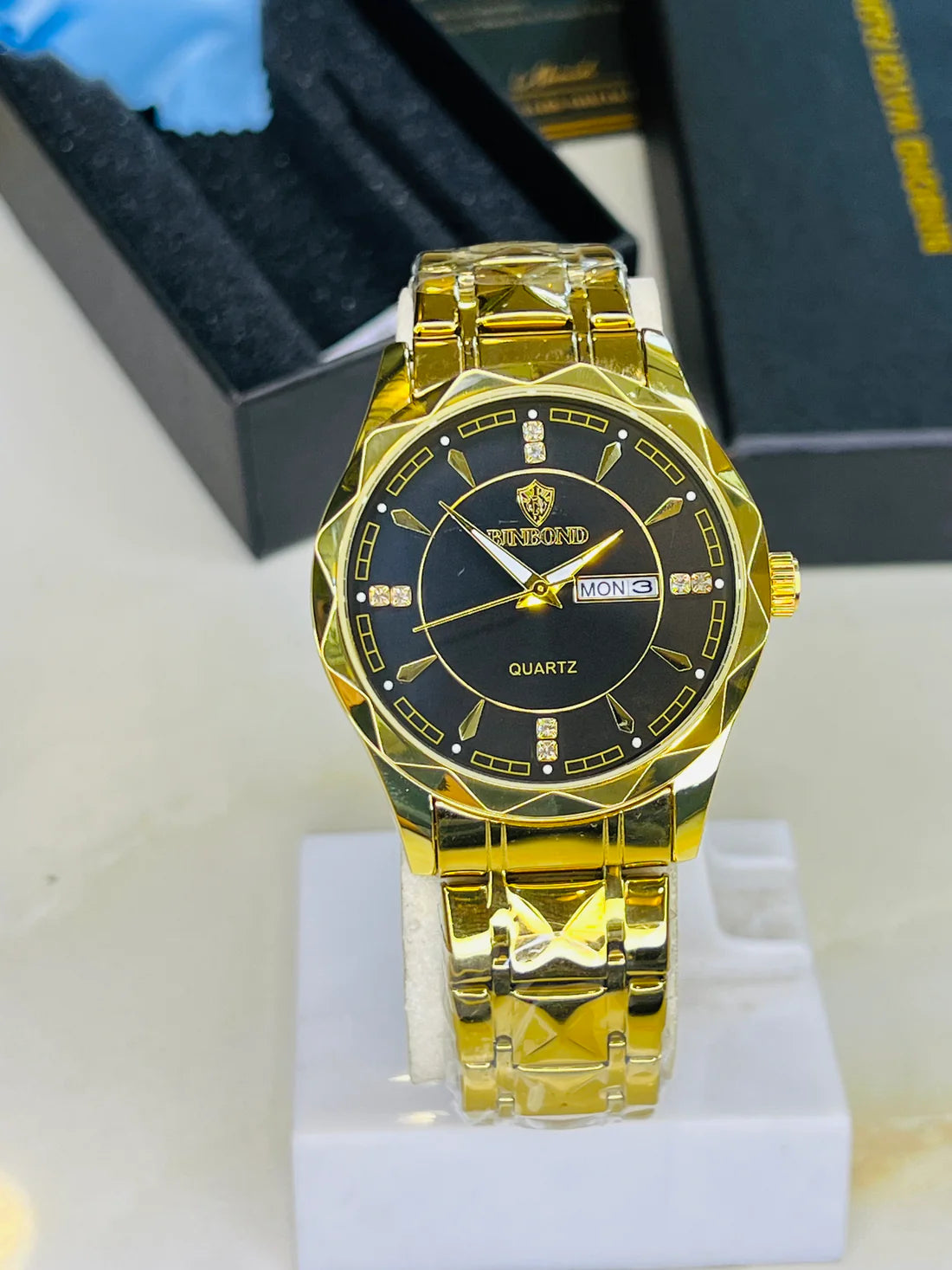 Binbond Gold Prism Dial Watch – Black & Gold Stainless Steel Strap