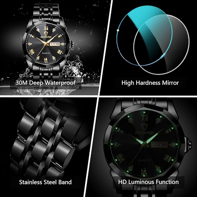 Binbond Black Prism Dial Watch – Gold Accents, Stainless Steel