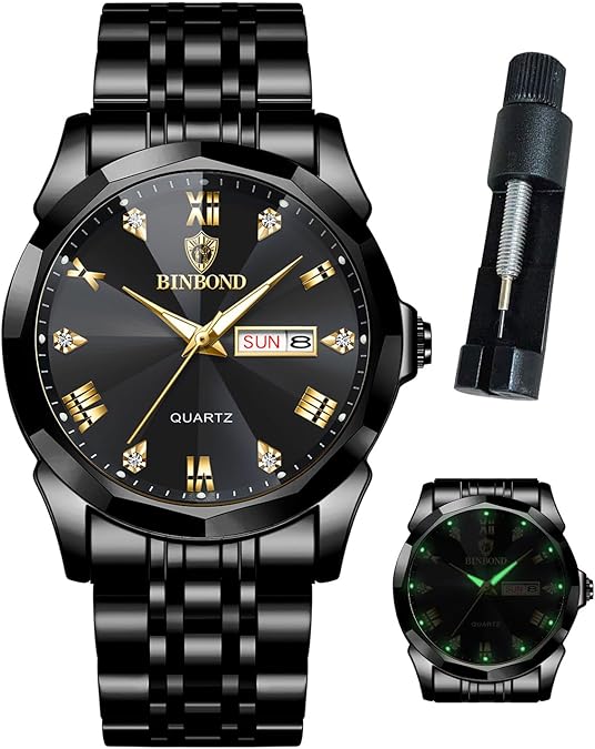 Binbond Black Prism Dial Watch – Gold Accents, Stainless Steel